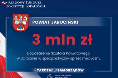 Grafika z napisem: 3 mln Doposażenie Szpitala Powiatowego w Jarocinie w specjalistyczny sprzęt